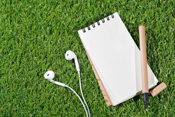 Ordinateur portable et stylo sur le dessus avec écouteur sur herbe (concept de voyage ) — Photo