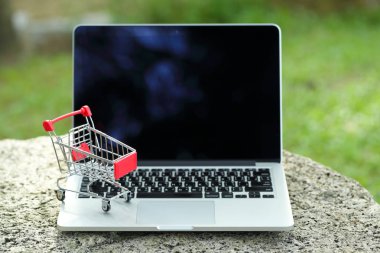 bilgisayar ile arabası, alışveriş ve online ödeme için fikir iş arka plan olarak kullanarak