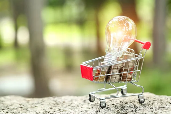 Carro con monedas y bombilla de vidrio eléctrica, idea para compras y pago en línea utilizando como fondo de negocios —  Fotos de Stock