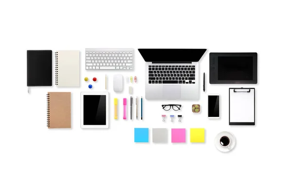 Bureau blanc d'affaires avec ordinateur portable, téléphone portable et fournitures de bureau et tasse à café — Photo