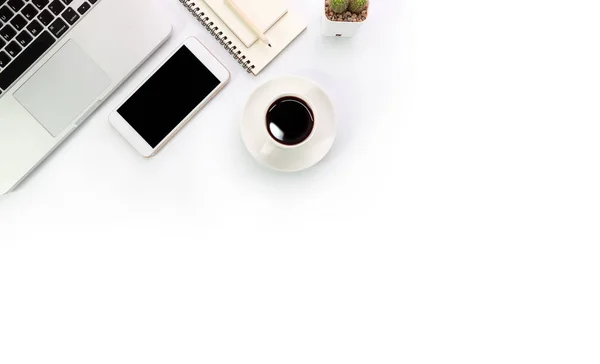 simple workspace technology white table with laptop computer, coffee cup notebook and copy space