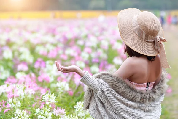 Мила і красива дівчина з капелюхом, що стоїть в природі на відкритому повітрі серед квітів космосу (час відпочинку на концепції відпустки ) — стокове фото