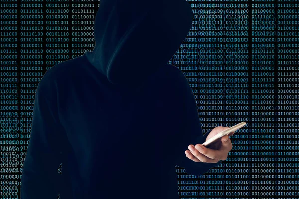 hacker wearing black hooded with cell phone hacking and stealing big data from internet on blue binary code background