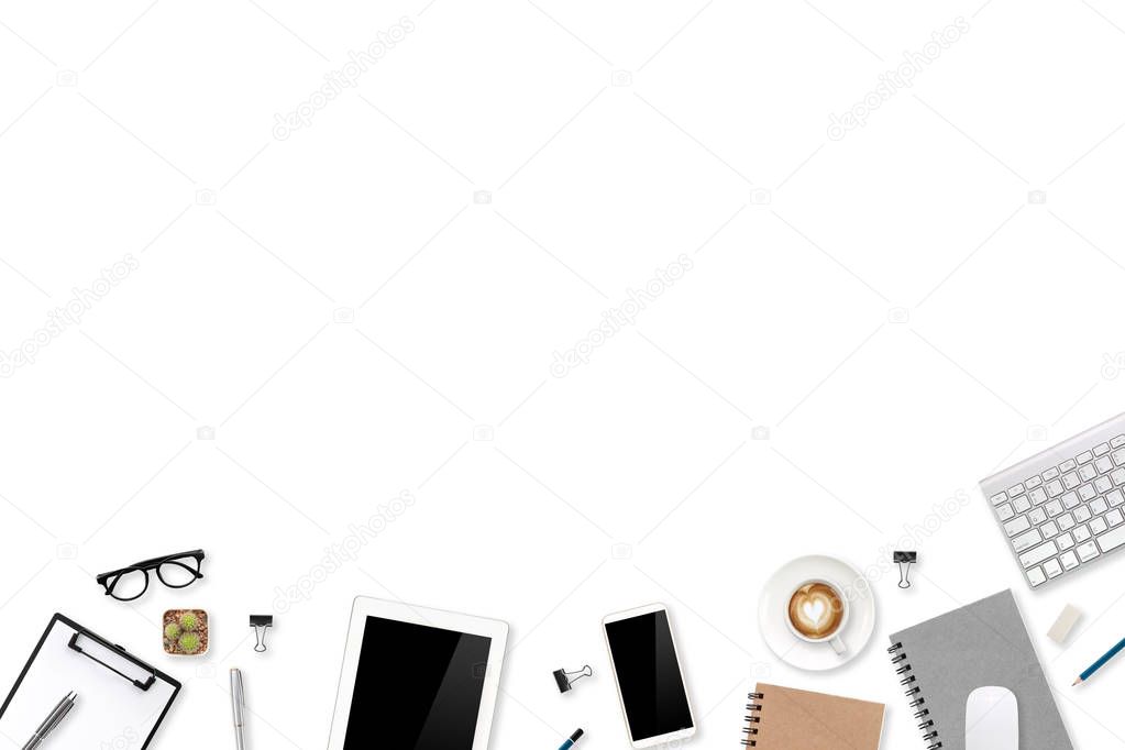 top view workspace business white desk with laptop computer, office supplies and coffee cup using for background