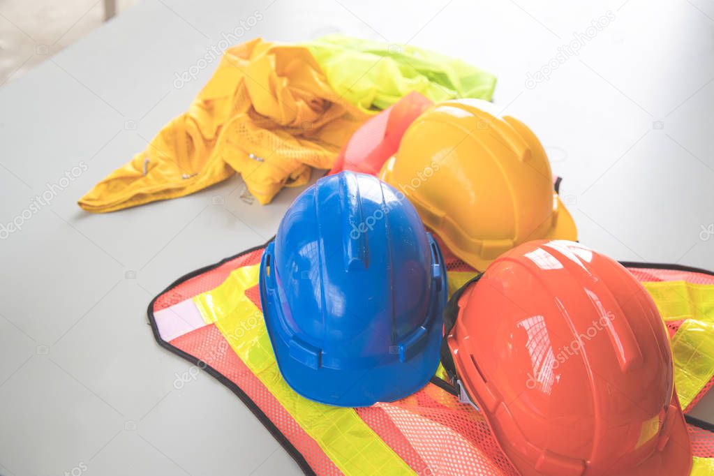 safety helmet hats for worker and engineer at construction site