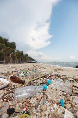 Kumlu plastik kirliliği, çöp ve atık dolu kirli plaj resimleri