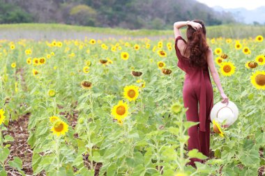 Doğada ayçiçeği tarlası arasında mutlu vakit geçiren ve eğlenen güzel kadının portresi 