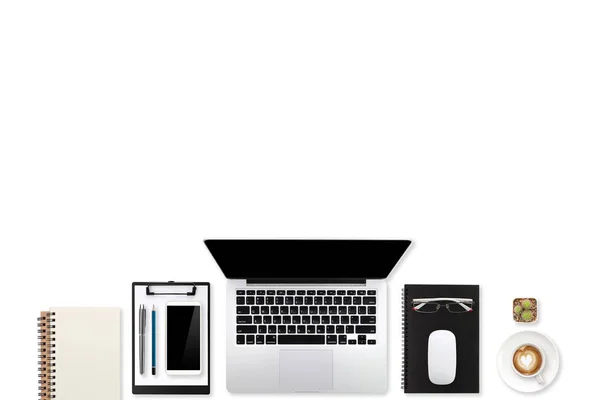 Flat lay, top view workspace business white desk with laptop computer, cell phone and office supplies and coffee cup — Stock Photo, Image