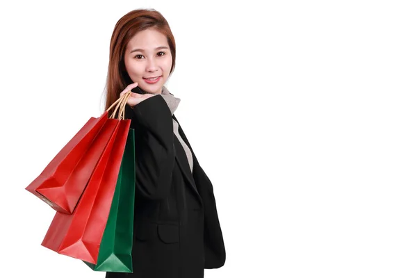 Shopping kvinna som håller shoppingväskor isolerade på vit bakgrund — Stockfoto