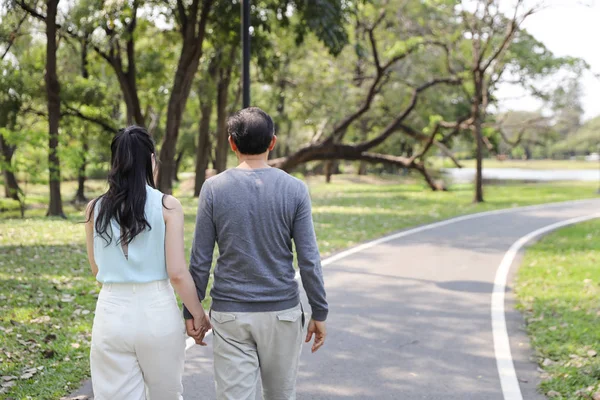 Indietro vista asiatico coppia a piedi e parlando nel parco con felice faccia — Foto Stock