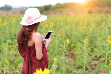 doğada çiçek alanı arasında tatil tatil yaparken akıllı telefon kullanarak güzel kadın 