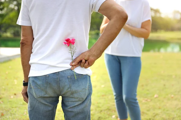 Uomo anziano dando fiore a sorpresa a sua moglie per anniversario di matrimonio (concetto di amore o di San Valentino) — Foto Stock