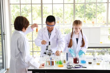Çok ırklı uluslararası okul öğrencilerinden oluşan orta sınıf grup, mutlu gülümseyen yüzlü renkli test tüpünde bilimsel deneyler yapıyorlar (eğitim kavramı)) 
