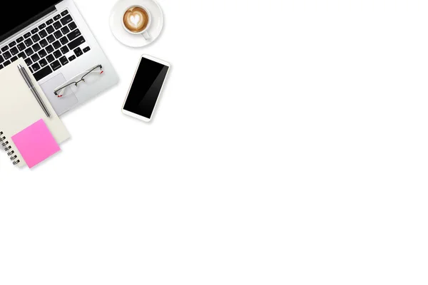 Top view workspace business white desk with laptop computer, office supplies and coffee cup using for background — Stock Photo, Image