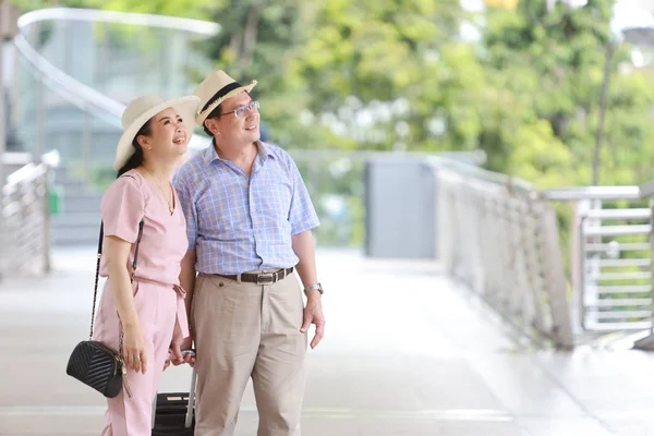 Asiatisk resenär par man och hustru i rosa och blå skjorta med vit fin hatt och bagage promenader i centrum med rätt kopia utrymme — Stockfoto