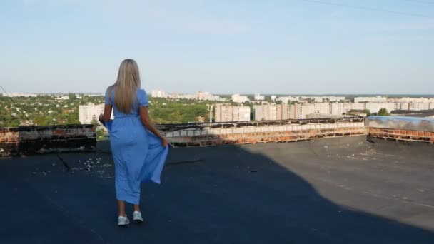 Girl Blue Dress Polka Dots Fooling Roof Fun Happiness — Stock Video