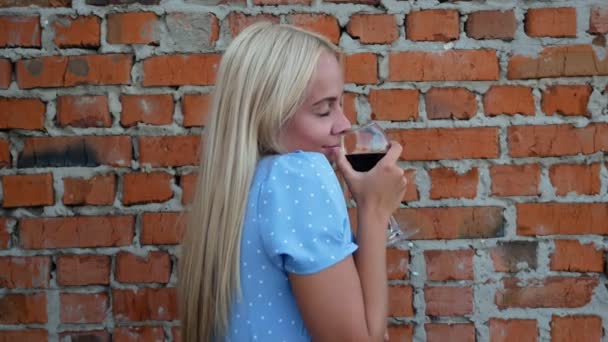 Mädchen Blauen Kleid Trinkt Wein Auf Dem Dach — Stockvideo