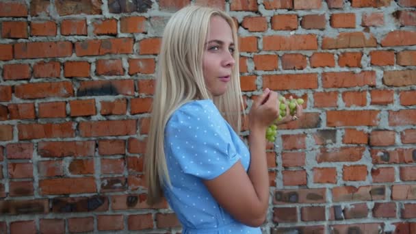 Mavi Elbiseli Kız Üzüm Tuğla Arka Plan Mutluluk Gülümseme Yiyor — Stok video