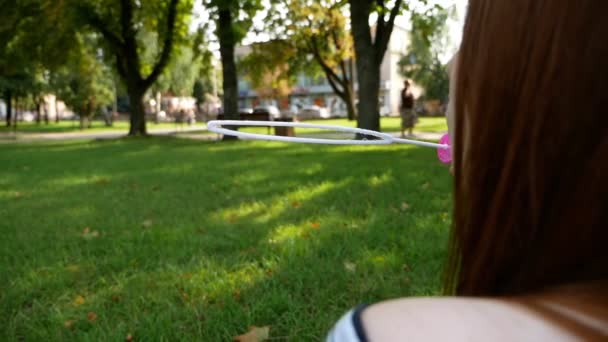 Κοκκινομάλλα Κορίτσι Χτυπήματα Σαπούνι Στο Πάρκο Χαμογελάει Και Γελάει Καλοκαίρι — Αρχείο Βίντεο