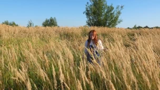 Rödhårig Flicka Blå Overaller Ett Fält Spikelets — Stockvideo