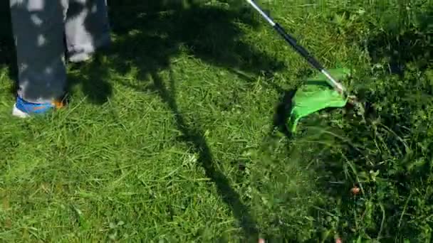 ピンクのTシャツを着た男が 電気嚢で草を刈る — ストック動画