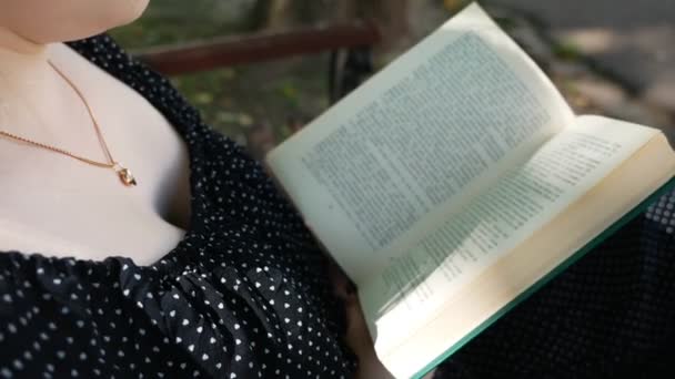 Κορίτσι Διαβάζει Ένα Βιβλίο Ένα Πάρκο Ένα Ξύλινο Παγκάκι — Αρχείο Βίντεο