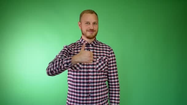 Bearded Guy Plaid Shirt Raises Thumb Puts — Stock Video