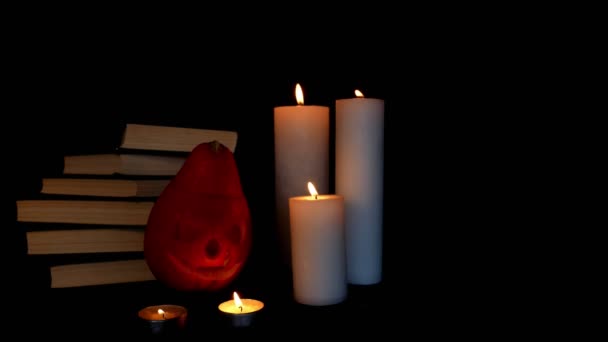 Abóbora Esculpida Livros Velas Conceito Halloween — Vídeo de Stock