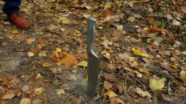 Jack Pumpkinhead ormanda duruyor, kostüm ünü düzeltiyor. Bir adam kafasına gerçek bir balkabağı koyar. Cadılar Bayramı konsepti