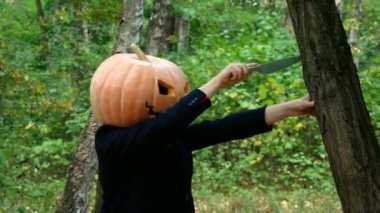 Kafasında balkabağı olan bir adam. Ağaçtan bıçak çıkarıyor. Halloween.