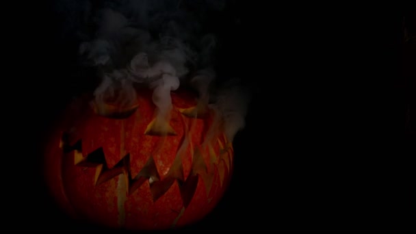 Straszny Halloween Dynia Emituje Dym Oczu Przerażające Usta Zębów Ciemność — Wideo stockowe