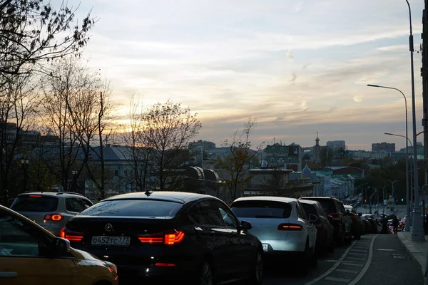 Moscow Russia October 2019 Evening Traffic Jam Rozhdestvensky Boulevard Moscow — Stock Photo, Image