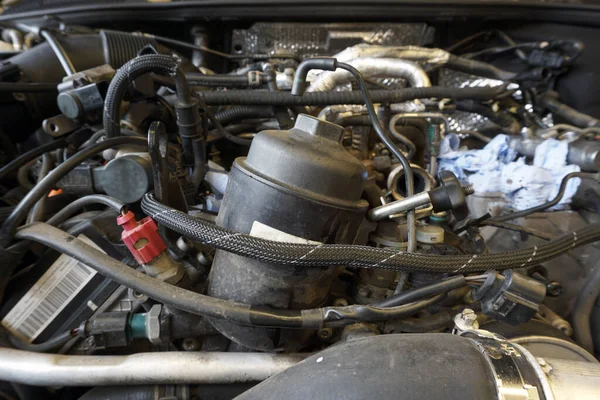 汽车服务中的一种现代化的 强大的汽车 发动机和机油过滤器外壳的特写视图 — 图库照片
