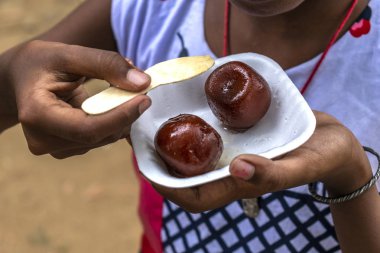 Hintli bir kız beyaz kase bir kaşık la tatlı alıyor.