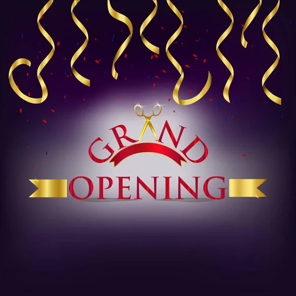 Grand Opening art font background with golden ribbons and gradient blue background