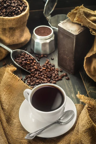 Koffiekopje Koffie Bonen Met Tas Scoop Koffie Theevoorzieningen Pot — Stockfoto