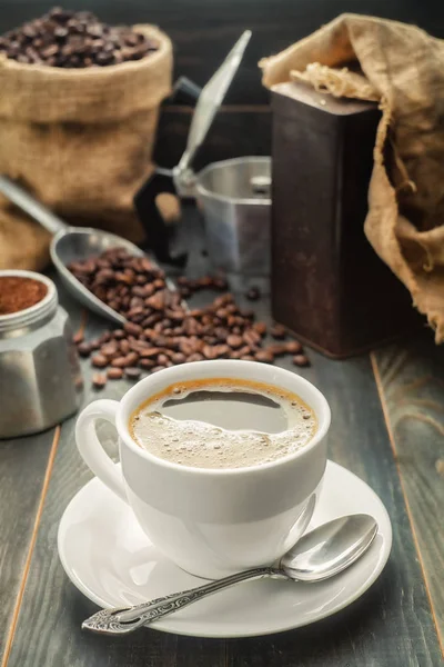 Koffiekopje Koffie Bonen Met Tas Scoop Koffie Theevoorzieningen Pot — Stockfoto