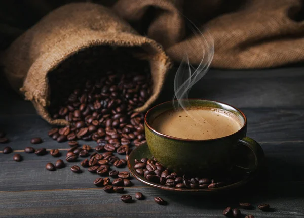 Kaffeetasse Und Kaffeebohnen Mit Tüte — Stockfoto