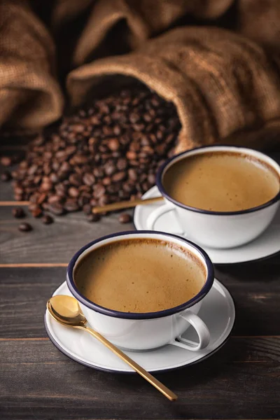 Vintage Koffie Kopje Koffiebonen Met Tas Donkere Voedsel Stijl — Stockfoto