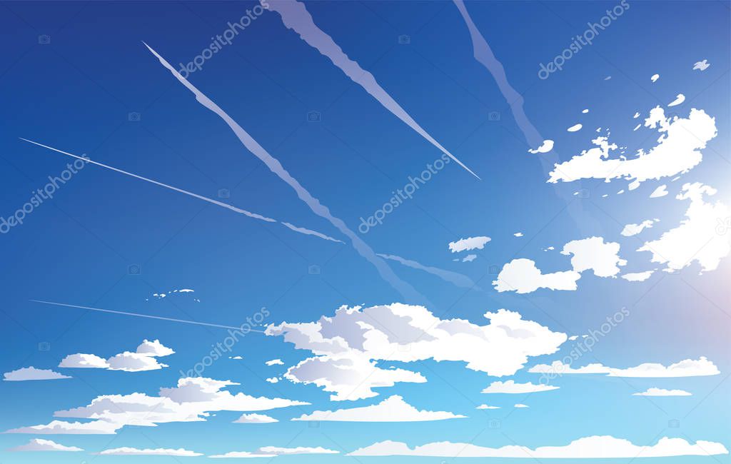 Vector landscape sky clouds. Plane in the sky. cartoon anime style. Background design