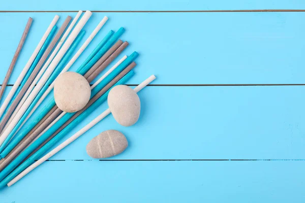 Piedras y plantas sobre el fondo de madera . — Foto de Stock