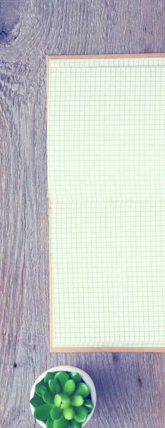 Bild von oben: geöffnetes Notizbuch mit leeren Seiten auf Holztisch — Stockfoto