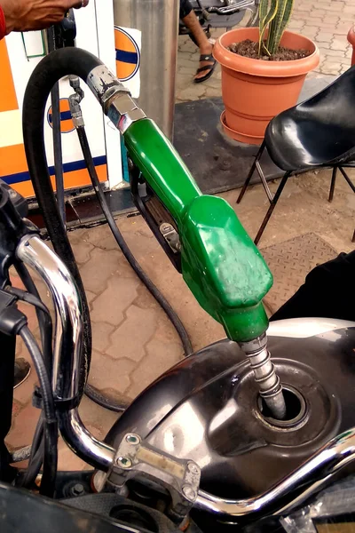 Selective Focus Refuel Motorcycle Gas Station Close Oil Dispenser Put — Stock Photo, Image