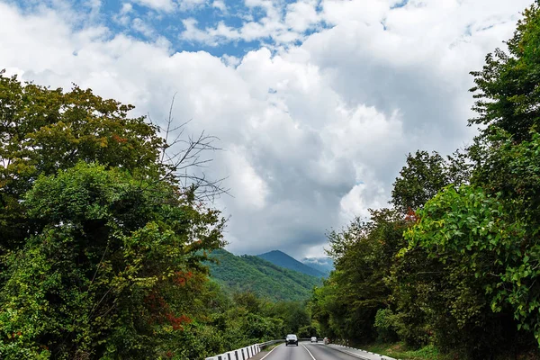 緑の木々と山々を背景にした山道. — ストック写真