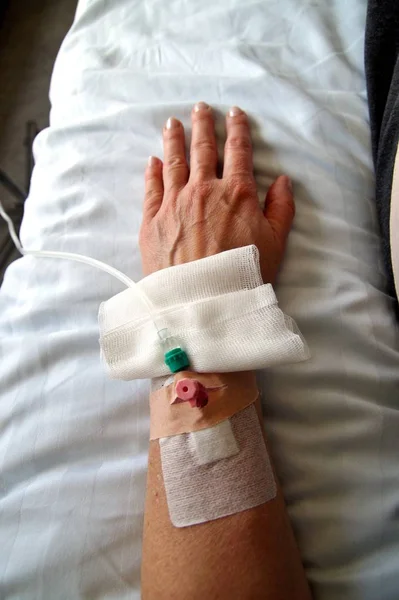 Female patient with infusion drip in hospital.Woman patient\'s hand receiving medicine solution in hospital.