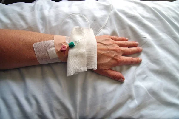 Female patient with infusion drip in hospital.Woman patient\'s hand receiving medicine solution in hospital.