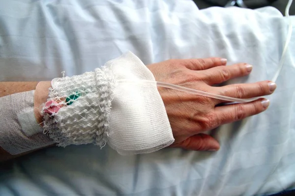 Female patient with infusion drip in hospital.Woman patient\'s hand receiving medicine solution in hospital.