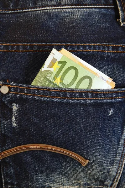 euro money cash, euro banknotes in the pockets of jeans trousers. banner for web, giftcard, postcard. Concept of wealth, saving or spending money. Euro bills falling out. Easy to steal the money.