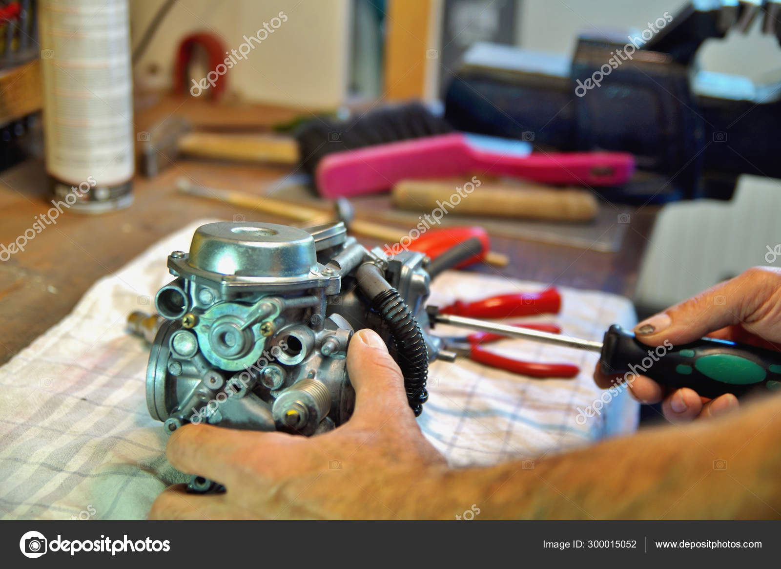 Motorcycle Carburetor Automotive Carburetor Repair Male Using Screwdriver Rebuild Carburetor Stock Photo Image By C Imagesines 300015052