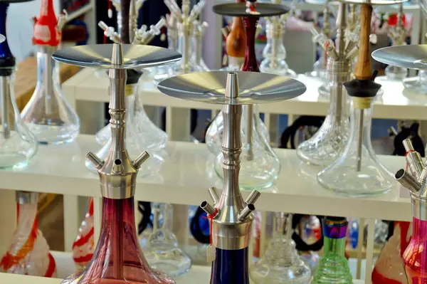 interior of A large hookah store full of hookahs. Variety of hookahs for Hookah club and Shisha bar. hookah for sale in a store , hubble-bubble, Shisha pipes. Bad habit. unhealthy addiction. smoking hookah. vaporizing and smoking flavored tobacco